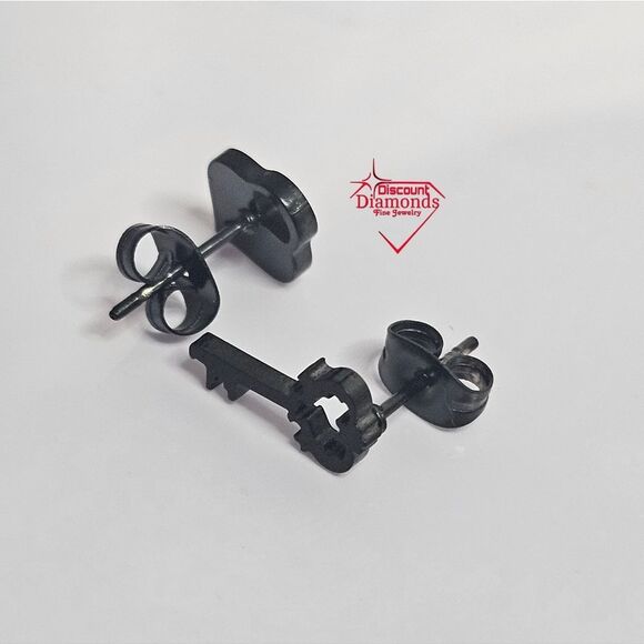 Black Titanium Lock and Key Stud Pushback Earrings. - Picture 9 of 14